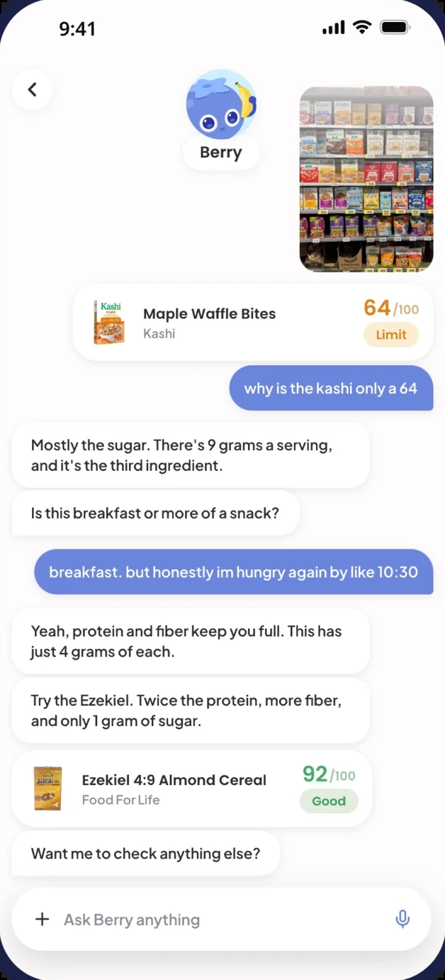 An Ask Berry chat about a cereal that scored 64: Berry explains the sugar, answers a follow-up about staying full, and suggests a higher-scoring cereal