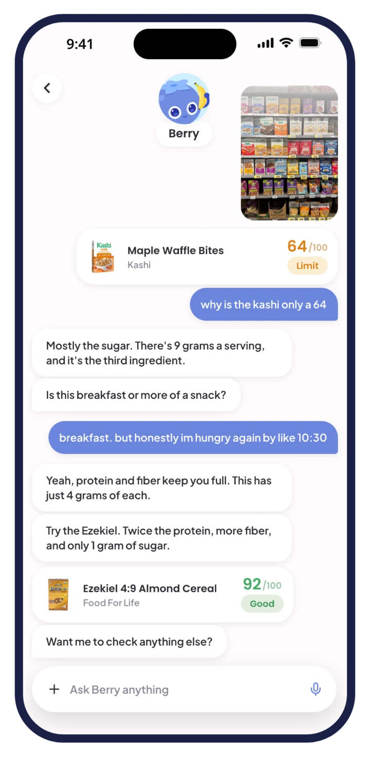An Ask Berry chat about a cereal that scored 64: Berry explains the sugar, answers a follow-up about staying full, and suggests a higher-scoring cereal