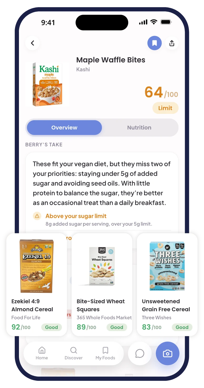 A low-scoring cereal in Berry with three better options beneath it, an almond cereal at 92, wheat squares at 89, and an unsweetened cereal at 83, all rated Good