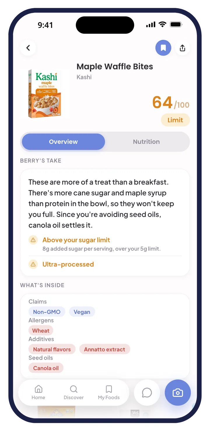Berry's breakdown of a maple cereal, 64 out of 100 with a Limit tag, and Berry's take calling it more of a treat than a breakfast because of the sugar, low protein, and canola oil