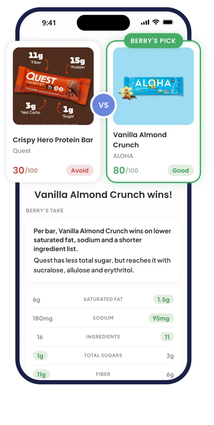 Berry comparing two protein bars side by side, with the winner tagged as Berry's pick and the saturated fat, sodium, and sugar numbers behind the call