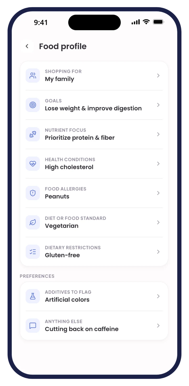 Berry's food profile: shopping for my family, goals to lose weight and improve digestion, a protein and fiber focus, high cholesterol, a peanut allergy, and a vegetarian, gluten-free diet