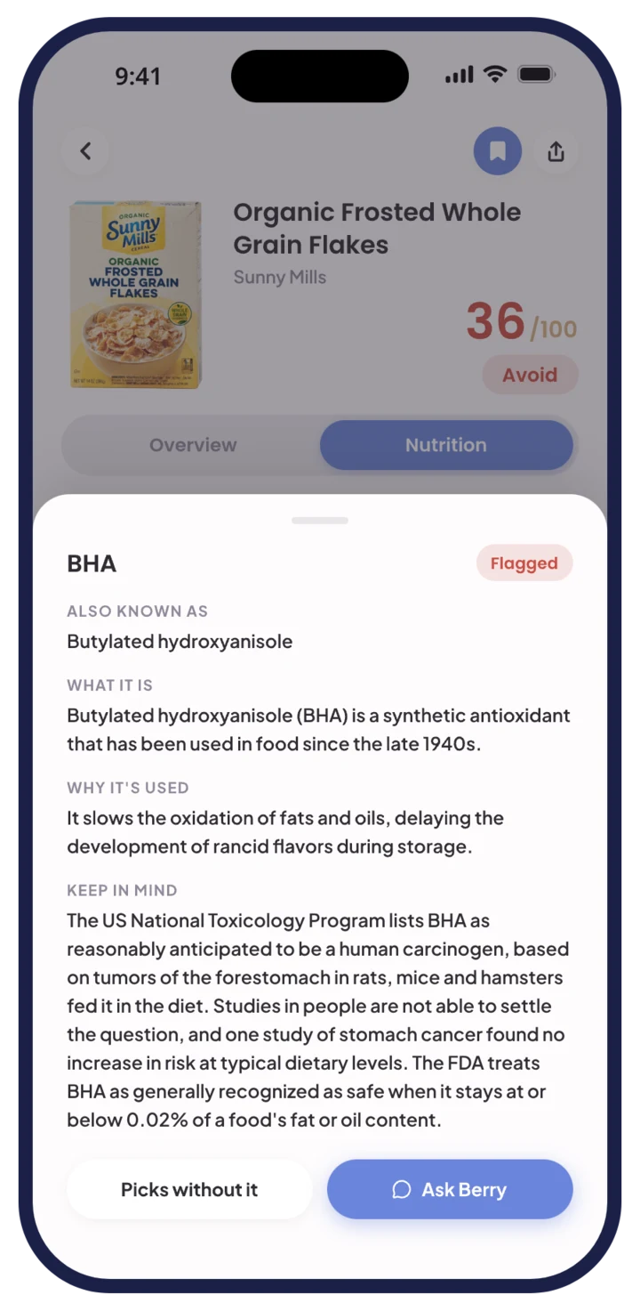 An ingredient sheet in Berry explaining BHA: what it is, why it's used, and what the research says, with a Flagged tag