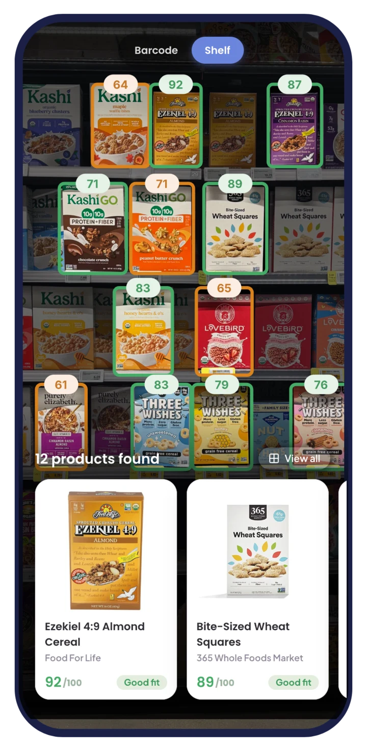 A shelf scan in Berry: a cereal aisle seen through the camera with a score bubble over each box